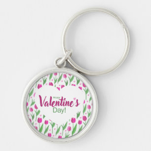 Happy Valentine's Day Pink Tulips Keychain