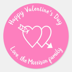 Happy Valentine's Day pink white hearts custom Classic Round Sticker