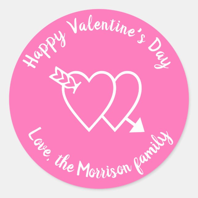Happy Valentine's Day pink white hearts custom  Classic Round Sticker (Front)