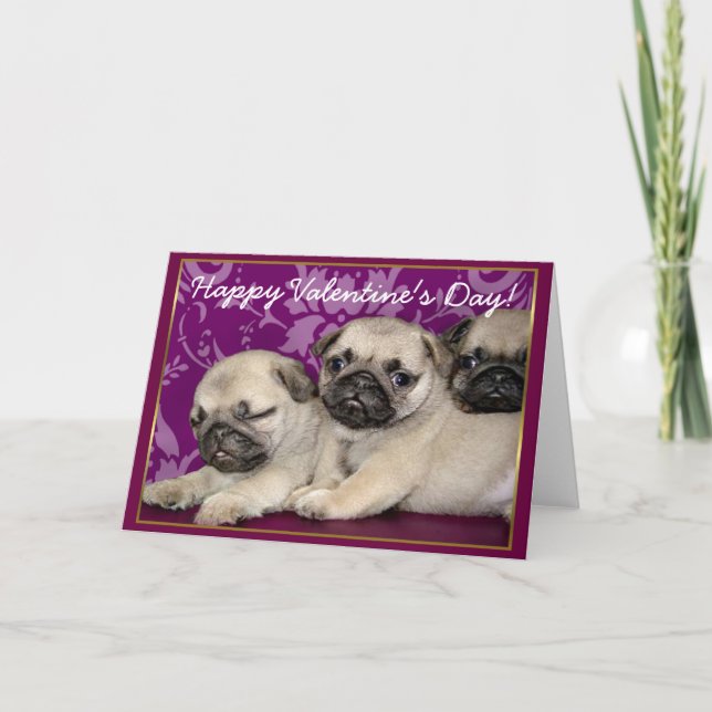 Happy Valentine's Day Pug puppies greeting card (Front)