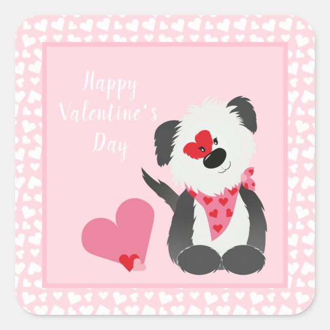 Happy Valentines Day Puppy Hearts Pink Square Sticker (Front)