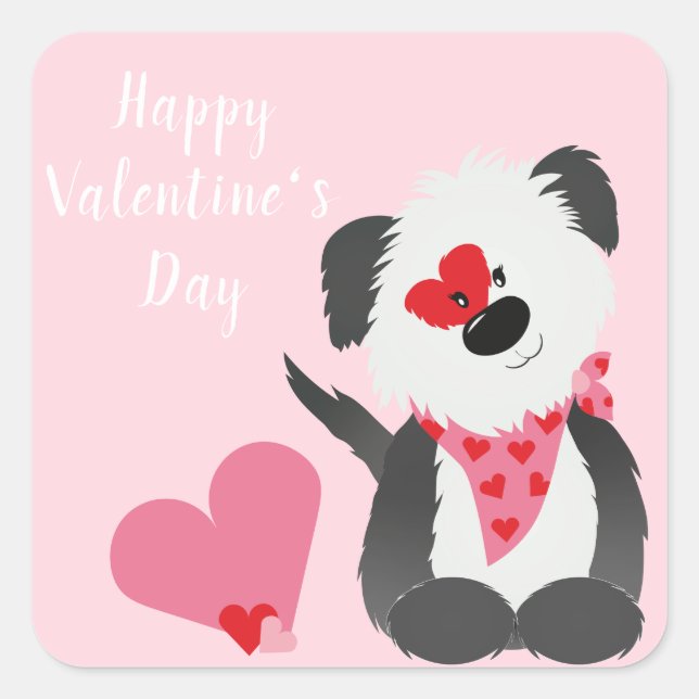 Happy Valentines Day Puppy Hearts Pink Square Sticker (Front)