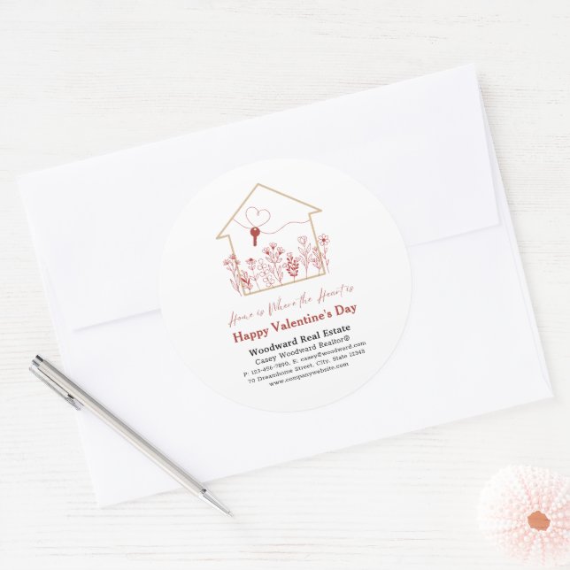 Happy Valentine's Day Real Estate Realtor Business Classic Round Sticker (Envelope)