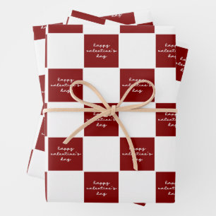 Happy Valentine's Day Red and White Check Pattern Wrapping Paper Sheet