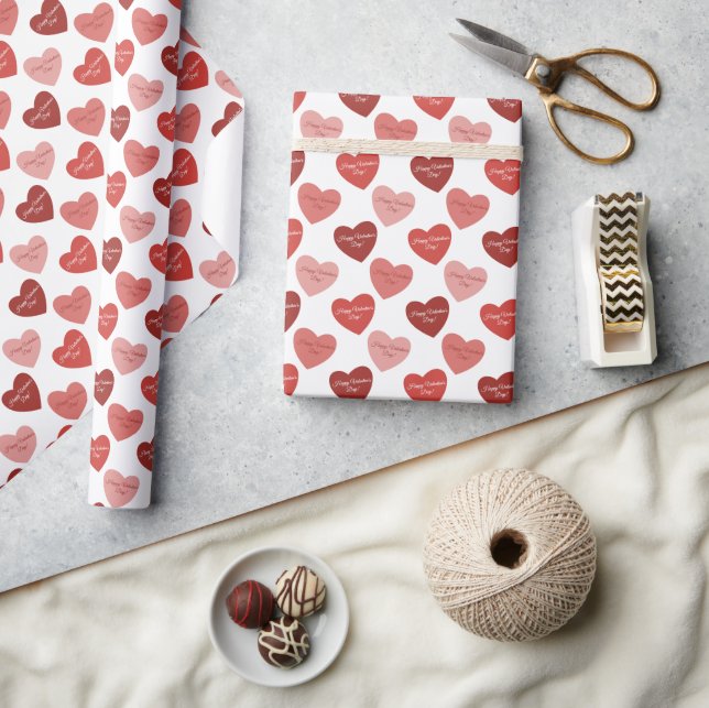 Happy Valentine's Day Red & Blush Hearts White  Wrapping Paper (Crafts)