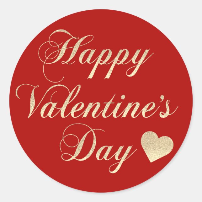 HAPPY VALENTINE's DAY Red Gold Glitter Heart Classic Round Sticker (Front)