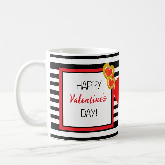 Happy Valentine's Day Red Heart Black White Stripe Coffee Mug (Left)
