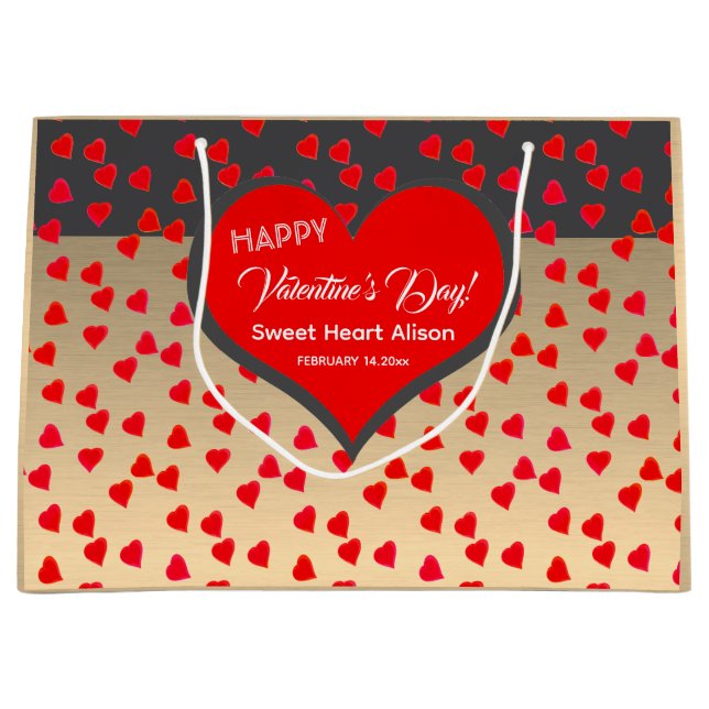 Happy Valentine's Day Red Heart Pattern Gold Black Large Gift Bag (Front)