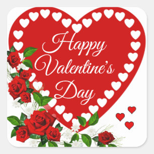 Happy Valentine's Day Red Heart & Roses Square Sticker