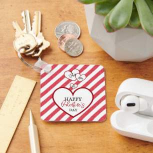 Happy Valentine's Day Red Hearts Chalk Stripes Keychain