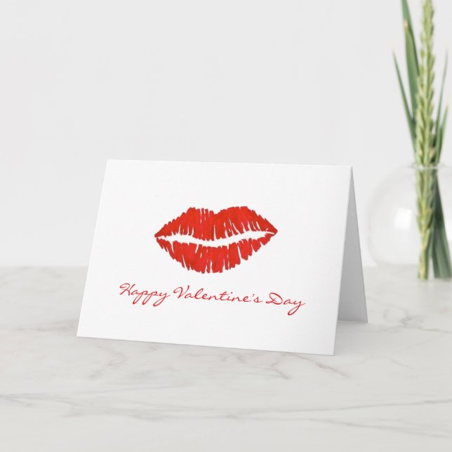 Happy Valentine's Day Red Lipstick Lips Kiss Print Holiday Card (Front)