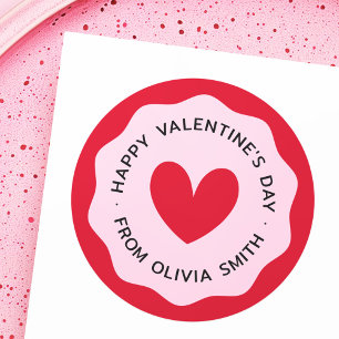 Happy Valentines day red pink wavy border heart Classic Round Sticker