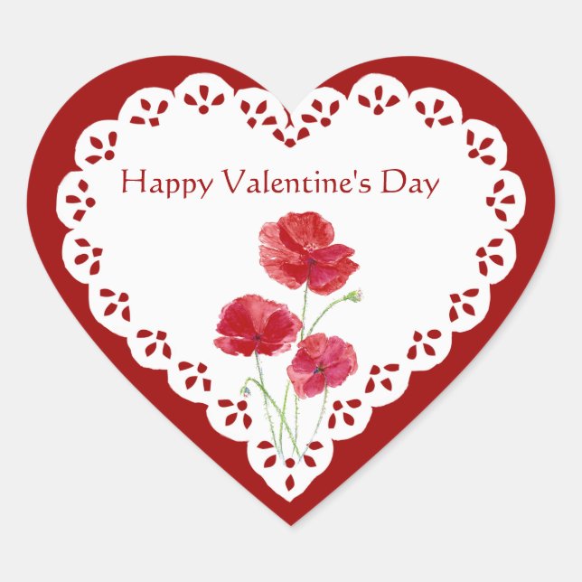 Happy Valentine's Day Red Poppy Garden Plant Heart Sticker (Front)