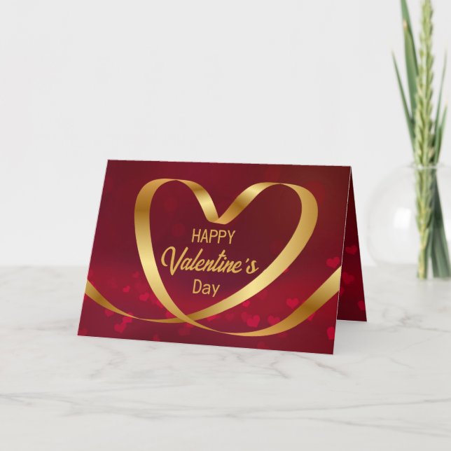 Happy Valentine's Day Red Ribbon Heart Gold Holiday Card (Front)