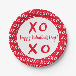 Happy Valentine's Day Red white XOXO pattern Paper Plate