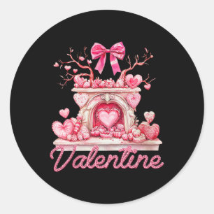 Happy Valentine's Day Retro Fireplace Pink Hearts  Classic Round Sticker