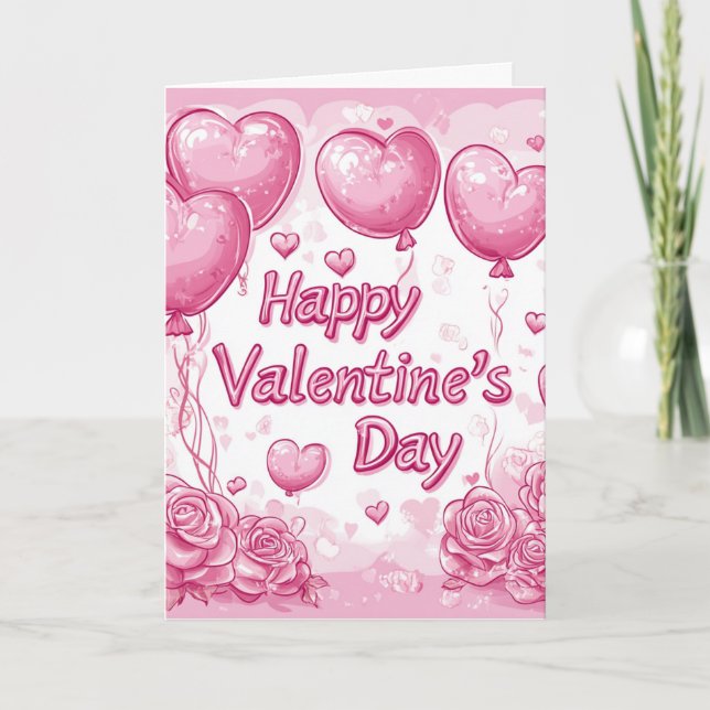 Happy Valentines Day Roses and Hearts pink Card (Front)