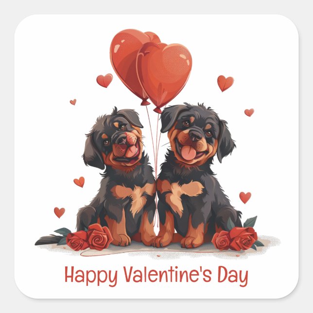 Happy Valentines Day Rottweiler Dogs Square Sticker (Front)