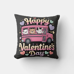 Happy Valentine's Day School Bus Throw Pillow