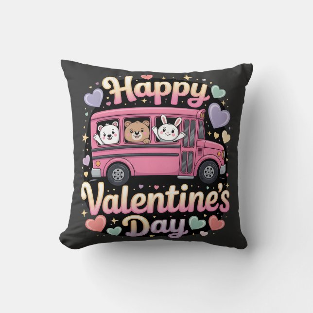 Happy Valentine's Day School Bus Throw Pillow (Front)