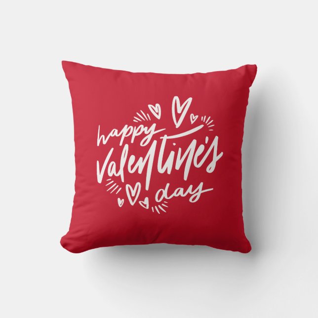 Happy Valentine's Day script Red and White Throw Pillow (Front)