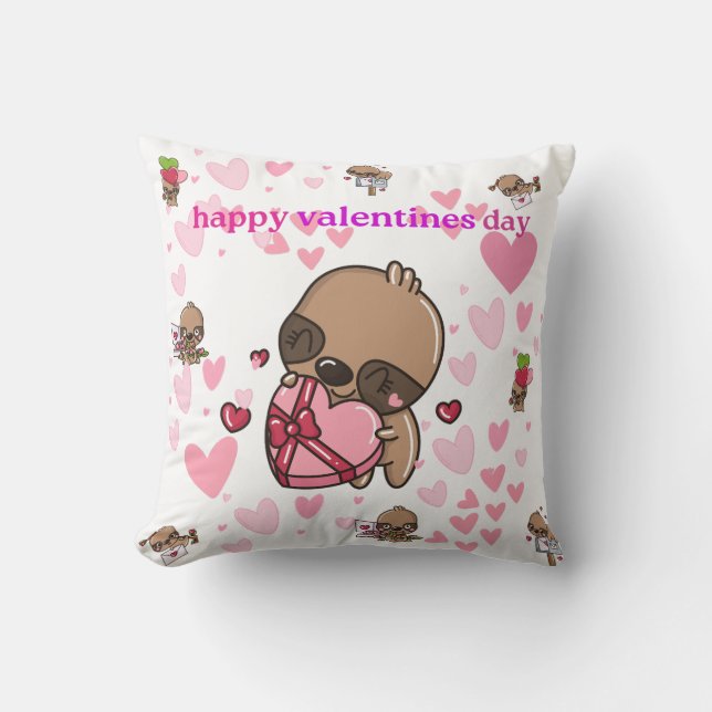 Happy Valentine's Day Sloth Throw Pillow (Front)