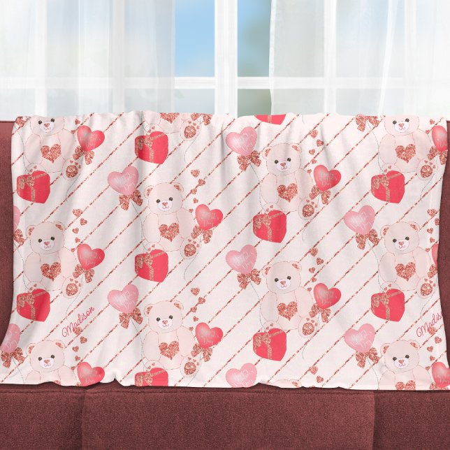 Happy Valentine's Day Teddy Bear Pattern on Pink Fleece Blanket (Creator Uploaded)