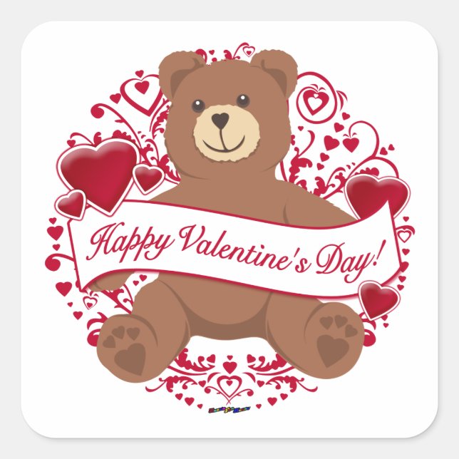 Happy Valentine's Day! Teddy Bear Square Sticker (Front)
