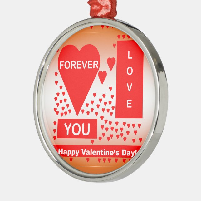 Happy Valentine's Day Text Forever Love Hearts Red Metal Ornament (Left)