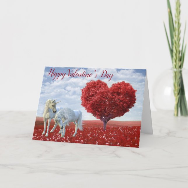 Happy Valentine's day Unicorn love Heart Tree Card (Front)