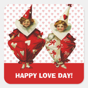 Happy Valentine's Day. Vintage Kids Clowns Square Sticker