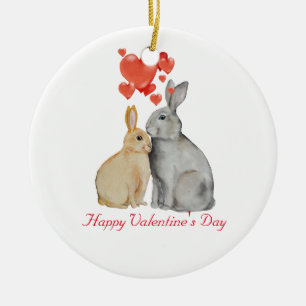 Happy Valentine's Day watercolor bunnies Ceramic Ornament