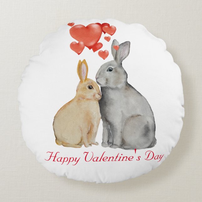 Happy Valentine's Day watercolor bunnies Round Pillow (Front)