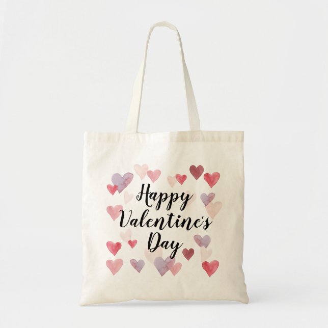 Happy Valentine's Day Watercolor Hearts Tote Bag (Front)