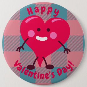 Happy Valentine's Day Whimsical Heart Character 6 Inch Round Button
