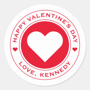 Happy Valentines Day White Red Heart Chic Unique Classic Round Sticker