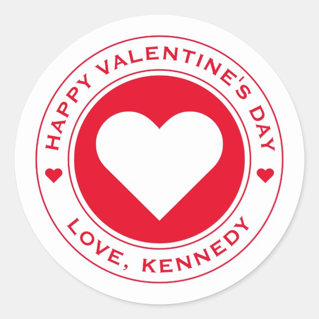 Happy Valentines Day White Red Heart Chic Unique Classic Round Sticker (Front)