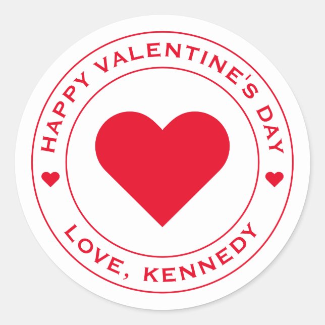 Happy Valentines Day White Red Heart Unique Chic Classic Round Sticker (Front)