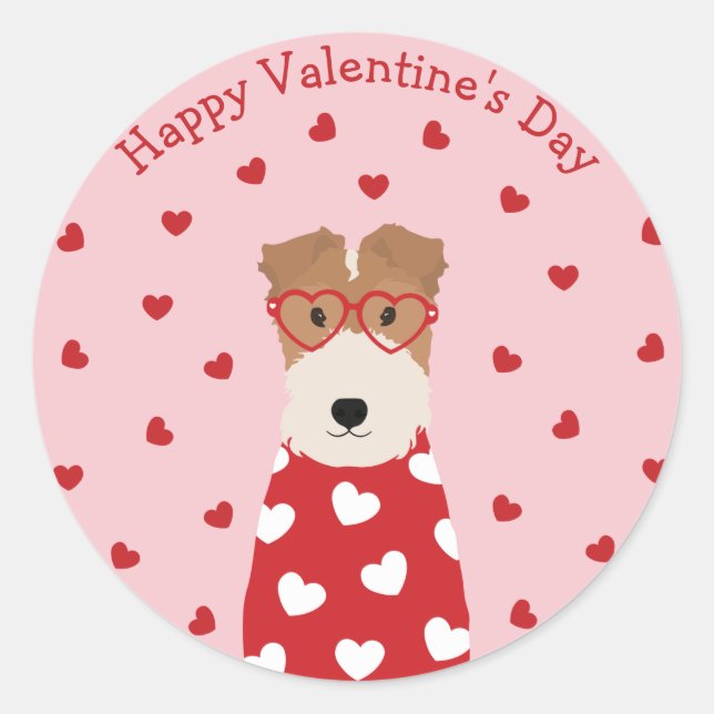 Happy Valentines Day Wire Fox Terrier Dog Classic Round Sticker (Front)