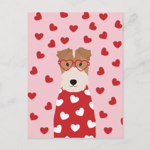 Happy Valentines Day Wire Fox Terrier Dog Pink Car Postcard