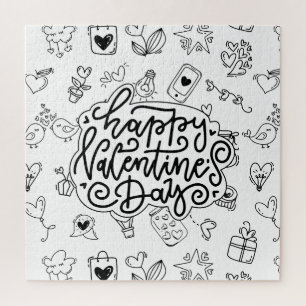 Happy Valentine's Day with Black Text and cute art Jigsaw Puzzle