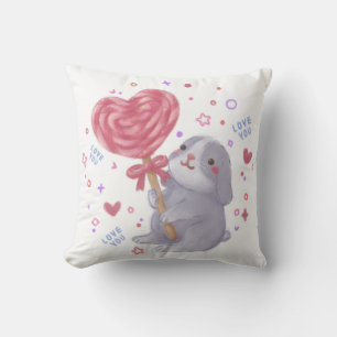 Happy Valentine's Day with Bunny & Lollipop Throw Pillow
