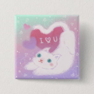 Happy Valentine's Day with Fluffy White Cat 2 Inch Square Button