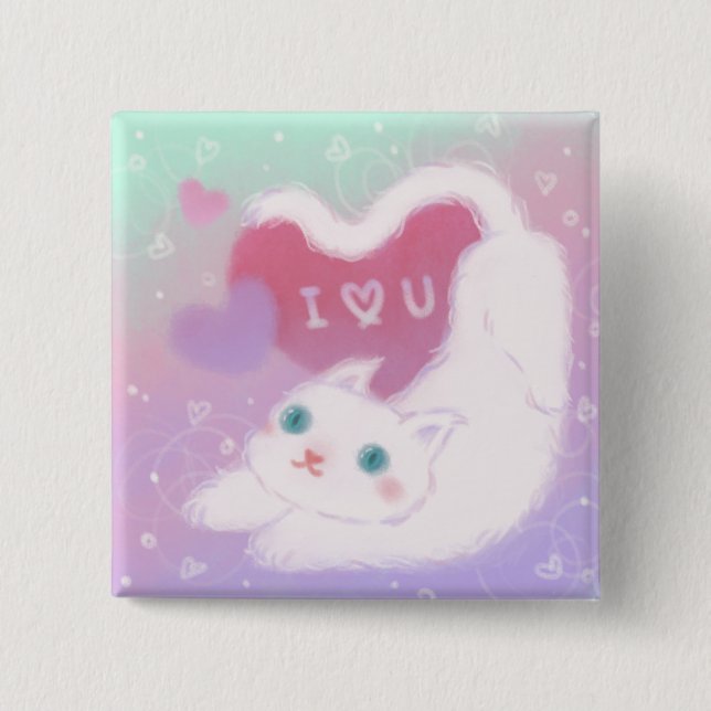 Happy Valentine's Day with Fluffy White Cat 2 Inch Square Button (Front)