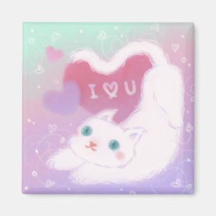 Happy Valentine's Day with Fluffy White Cat Magnet