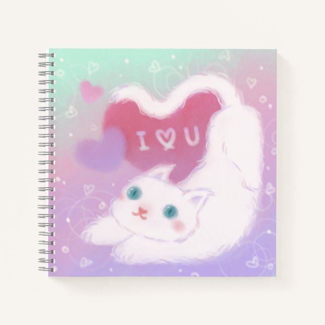 Happy Valentine's Day with Fluffy White Cat Notebook (Front)
