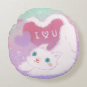 Happy Valentine's Day with Fluffy White Cat Round Pillow