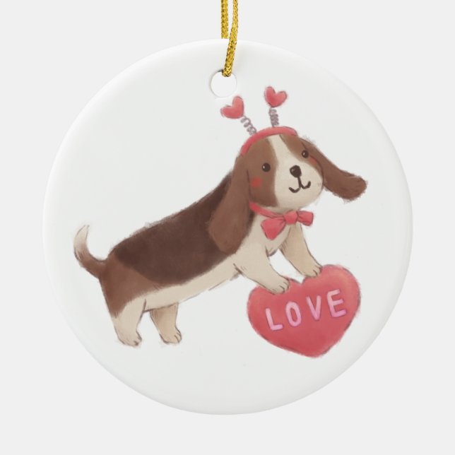 Happy Valentine's Day with Puppy Ceramic Ornament (Front)