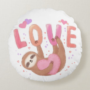 Happy Valentine's Day with Sloth Round Pillow