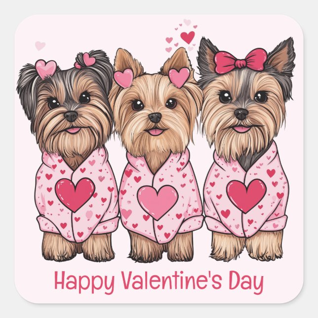 Happy Valentines Day Yorkie Dogs Square Sticker (Front)